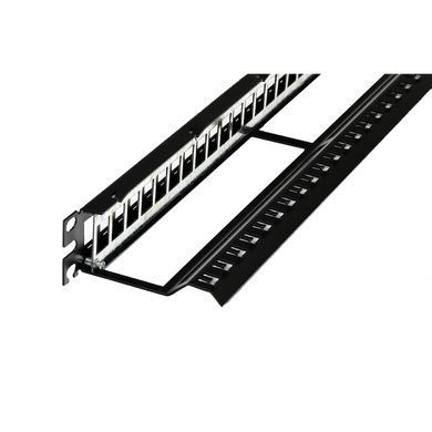 Патч-панель Патч-панель 19" під 24 модуля Keystone, 1U із заднім організатором, заземл., чорна, Чорний