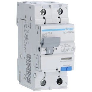 Hager 1+N С25/30mA 6кА, тип-A AD975J Дифавтомат