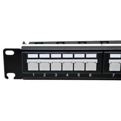 L&W ELECTRONICAL LW-PP74 Патч-панель 19" 24xRJ-45 UTP, кат. 6a, із заднім організатором з пластиковими шторками, LW, Чорний