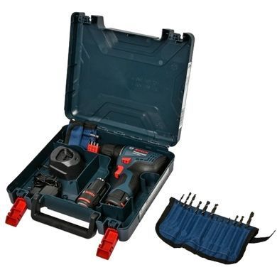 Bosch GSR 120-LI (06019G8002) Акумуляторний шурупокрут + 2 акб 2.0 Ah + ЗУ + набір біт 11 шт. + набір свердл 12 шт.